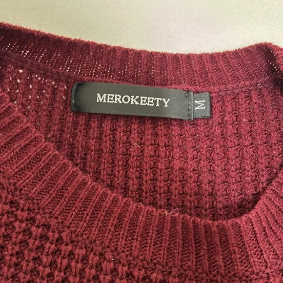 MEROKEETY  WOMENS CREW NECK WAFFLE KNIT PULLOVER TOP WINE Sz MD - Picture 7 of 11